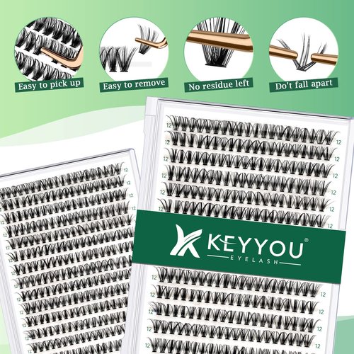 Lash Clusters 300pcs Eyelash Clusters 30D 0.07D Curl 12mm DIY Eyelash Extension KEYYOU Large Tray Volume Soft&Natural Individual Lashes(30D-0.07D,12）
