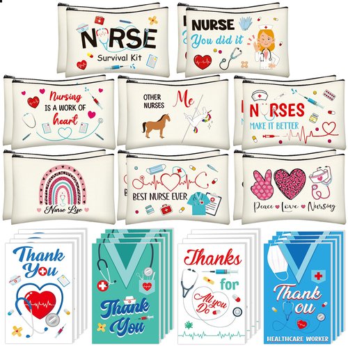 Nurse Bags, 32 PCS Nurse Makeup Bag Thank You Nurse Card, Nursing Day Appreciation Cards Nurse Week Carvas Cosmetic Bag Survival Kit with Zipper Funny Thank You Cards Nurse Supplies