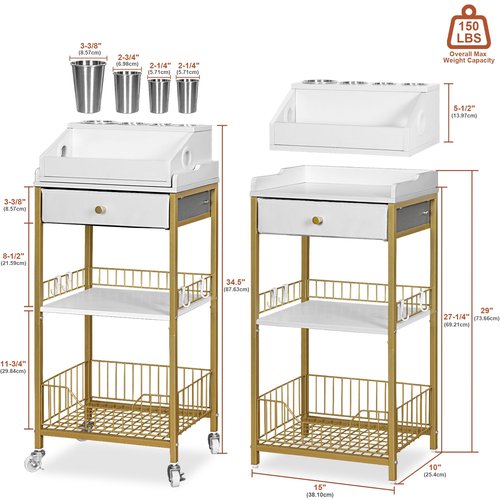 NauwaBarn Makeup Organizer Cart with Drawer, 2-in-1 Rolling Organizer Cart with Hair Tool Holder, Vanity Storage for Skincare, Perfume, Nail Polish, Cosmetics, Gold Finish