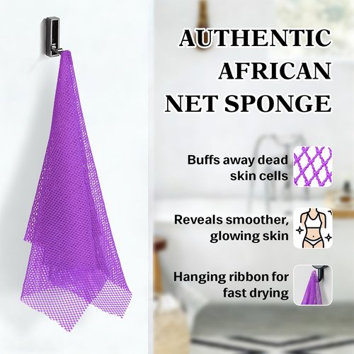 African Net Sponge with 2 Soap Saver Bags - Exfoliating Body Scrubber Set for Shower, Reusable Bar Soap Pouch & Bath Washcloth for Deep Cleaning - Purple & Black, Purple