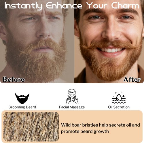 GROOMAGE Boar Bristle Beard Brush for Men, 4.2-Inch Black Walnut Wood Handle Military Style, Men's Natural Wooden Boar Bristles Mustache Brush