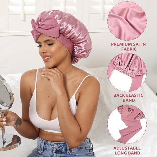 HAIMEIKANG Satin Bonnet for Women Silk Hair Bonnets for Sleeping Large Bonnets with Tie Band Night Cap Sleep Cap for Women Curly Night Cap(Bean Paste Color)