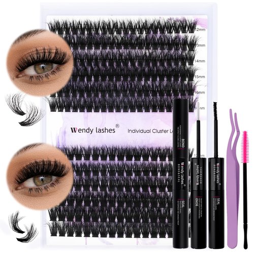 Lash Clusters Kit for Using at Home: Ultra-light, DIY, Natural, Fluffy, Wispy, Waterproof, Anime, Manga, Cat Eye, 3D Curl, 12-16mm, 60P+80P, Wendy, RT318