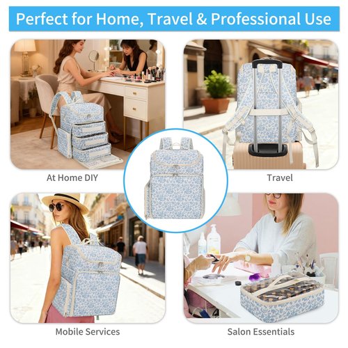 Extra Large Nail Polish Organizer Backpack, Holds 124+ Bottles & Full Size Lamp, Travel Nail Organizers and Storage Bag with 3 Removable Pouches, Portable Nail Supplies Case (Floral Blue, 124 Slots)