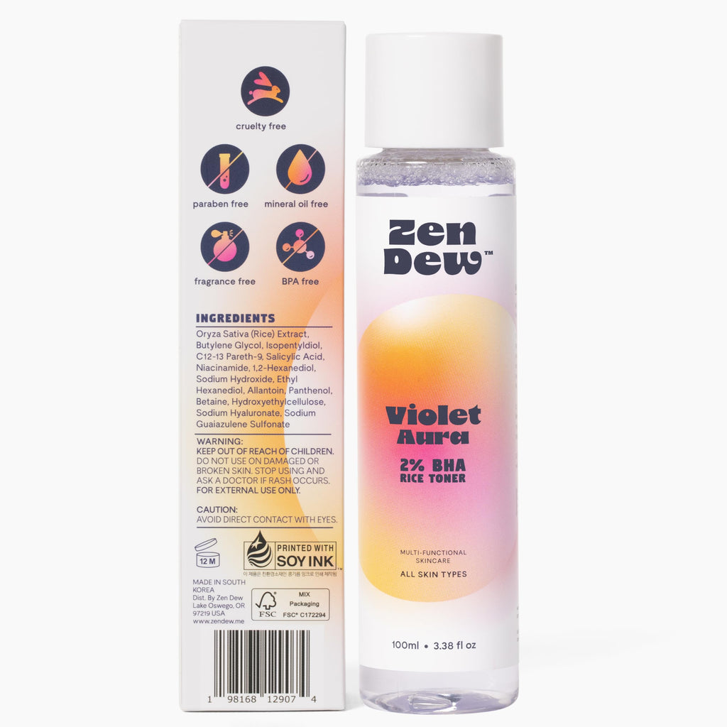 Zen Dew Violet Aura - 2% BHA Exfoliating Toner with Salicylic Acid for Sensitive Skin. Gentle, Hydrating Formula. 2% Niacinamide, Rice Extract & Azulene. Glass Skin, Smoother Texture & Barrier Support