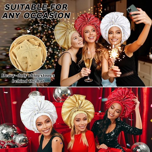 Nigerian headwear for Women African headscar,Auto Gele headband,hand wrap beaded - made for weddings parties events (Gold)