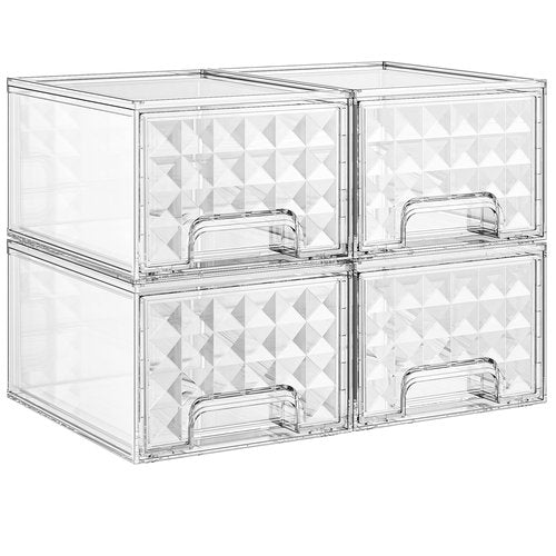 Delamu 4 Pack Stackable Storage Drawers, Makeup Skincare Holder Vanity Storage Organizer, Plastic Drawers For Vanity Desk, Undersink, Kitchen Cabinet, Pantry, Clear, Ideal Christmas Gifts for Girls