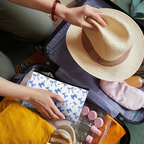16 Pcs Bow Makeup Bags Bulk for Women Blue Coquette Aesthetic Preppy Cosmetic Bags Bow Floral Canvas Toiletry Bags Aesthetic Travel Zipper Pouches for Bridesmaids Wedding Party Favors Supplies