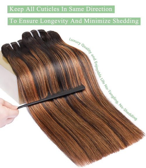 MLIP Raw Bundles Human Hair Straight, No Tangle Shedding, Keep Texture Silky Soft After Multiple Washes, 16A Raw Indian Hair Bundles 10 Inches, Brown Highlight Bundles