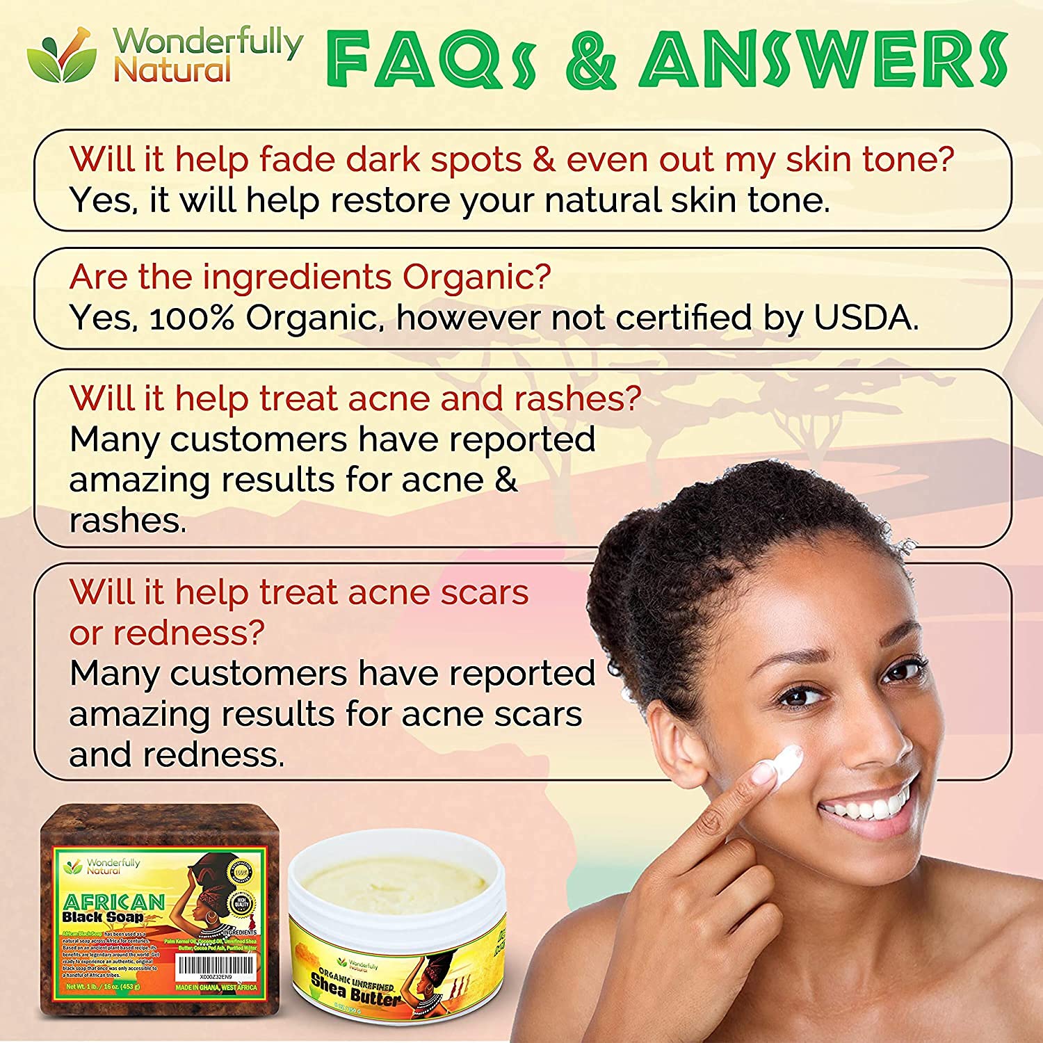 Wonderfully Natural #1 African Black Soap for Acne & Dark Spots | Organic Vegan Satisfaction Guarantee | 1lb bar 90 day Supply