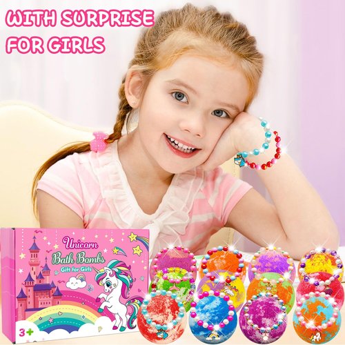 Unicorn Bath Bombs for Kids Girls 3 4 5 6 7 8 Years Old Birthday Gift for Girls Bath Bombs with Toys Surprise Jewelry Inside for Kids Toddler Girl Birthday Christmas Gifts Easter Basket Stuffers