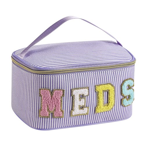 uekeboag Personalized Chenille Letter Seersucker MEDS Makeup Bag,Large Size Medicine RX Cosmetic Bag with Top Handle, First Aid Travel Organizer Bag for Women Girls(03Purple)