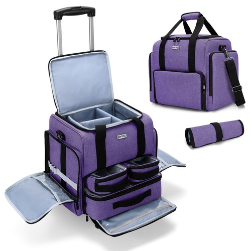 BAFASO Rolling Makeup Case with 3 Removable Pouches and 1 Makeup Brush Bag, Professional Makeup Train Case Cosmetic Bag with Detachable Dolly (Patented), Purple