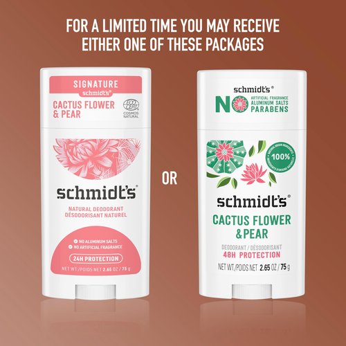 Schmidt's Aluminum-Free Vegan Deodorant Cactus Flower & Pear with 24-Hour Odor Protection, 2 Count for Women and Men, Natural Ingredients, Cruelty-Free, 2.65 oz
