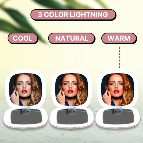 NJ GLAM Lighted Makeup Compact Mirror, 3.9 Inch – 1x/10x Magnification Portable, LED – Auto Light On/Off - USB Charging, (Blush Marble)