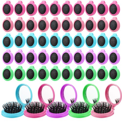 Barydat 50 Pcs Travel Folding Hair Brush with Mirror Bulk Portable Small Hair Brush Mini Compact Colorful Pocket Hair Combs for Friends and Family Mother's Day Gift
