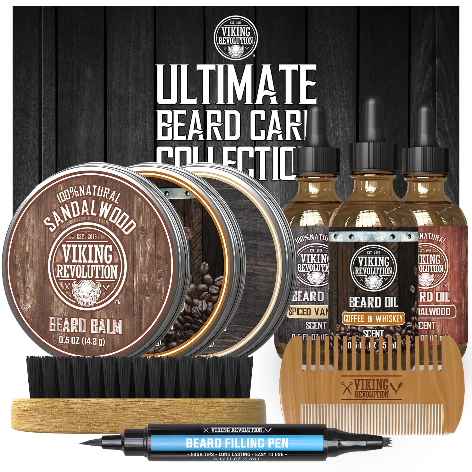 Viking Revolution Ultimate Beard Care Collection - Gifts for Men Includes Oil, Balm, Brush, Comb and Pen - Beard Kit for Men with Sandalwood, Spiced Vanilla, Coffee Whiskey, Sweet Tobacco