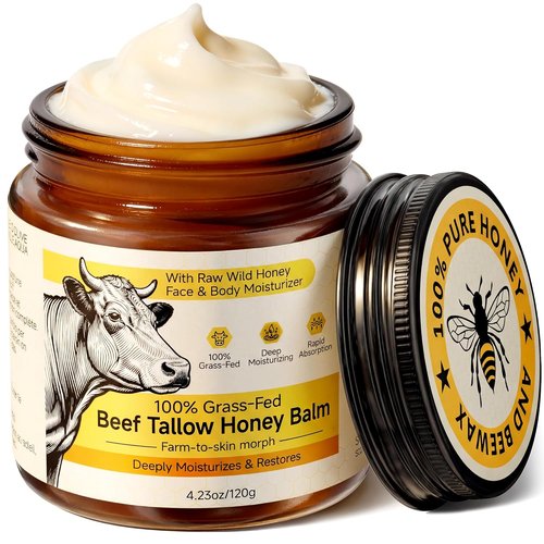 Beef Tallow - Whipped Tallow and Honey Balm Cream | 100% Grass-Fed Face Moisturizer, Unscented 4.2 OZ