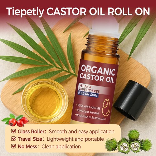 Tiepetly Castor Oil Roll on, Castor Oil Organic, 100% Pure & Cold-Pressed, Hexane Free, Moisturize Skin, Glass Bottle for Hands, joints, Waist Belly Body Skin