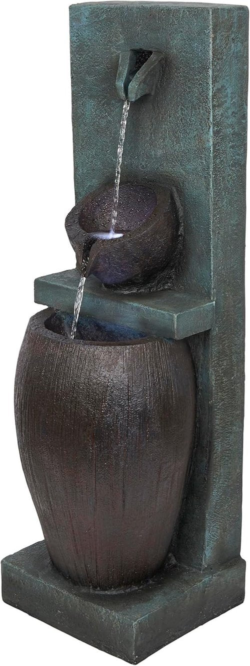 Alpine Corporation 32" 3-Tier Jar Fountain - Elegant Outdoor Water Feature with LED Lights | Gray Ceramic Garden Décor