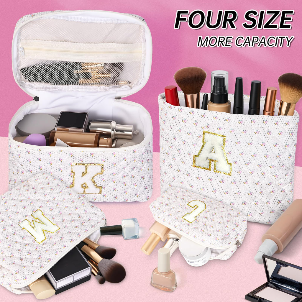 XUJKK Personalized Initial Makeup Bag, Quilted Cosmetic Bag, Large Floral Make Up Bag for Women, Cotton Makeup Bag Set, Flower Travel Toiletry Bag | Birthday Gifts for Women Daughter Gifts F