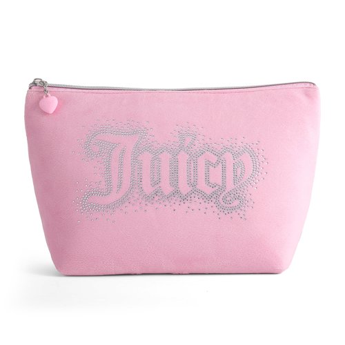 Juicy Couture Pink Makeup Bag Cosmetics Organizer Travel Essentials Top Zip Pouch Rhinestone Velour