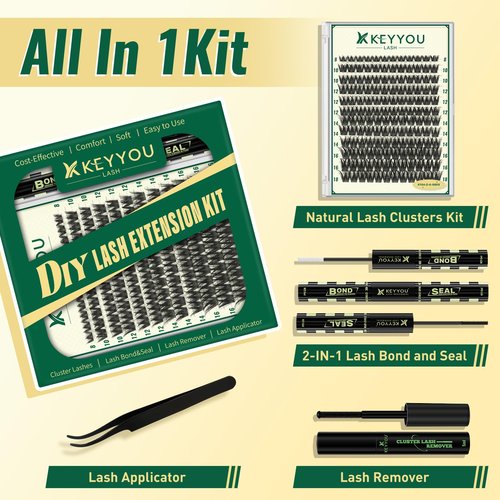 KEYYOULASH Lash Clusters Kit Volume 144pcs 8-18MIX Lash Extension Kit Thick Lash Clusters D curl with Bond and Seal,Remover,Applicators for DIY Thin Band Eyelash Clusters at Home (KY04 Kit)