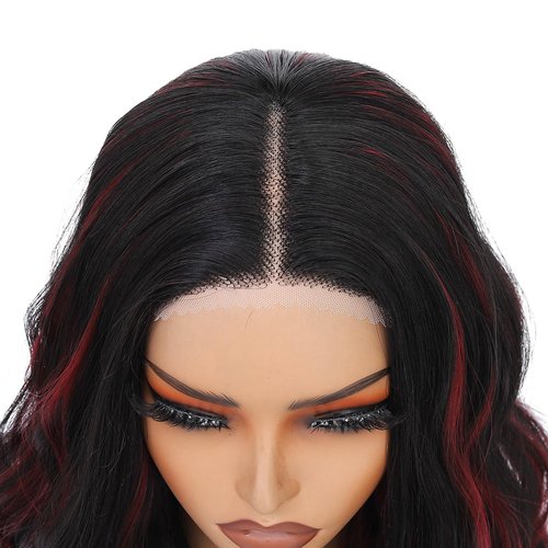 Rushinice Short Wavy Black Mixed Red Wig for Women, Lace Hairline Middle Part Bob Style Heat Resistant Synthetic Wigs Natural Looking for Daily Party 14 Inch