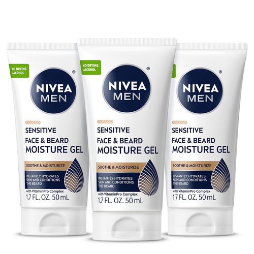 NIVEA MEN Sensitive Face and Beard Moisture Gel, Gentle Face and Beard Moisturizer for Men Instantly Hydrates Skin and Conditions Beards, 1.7 Fl Oz Tube, Pack of 3