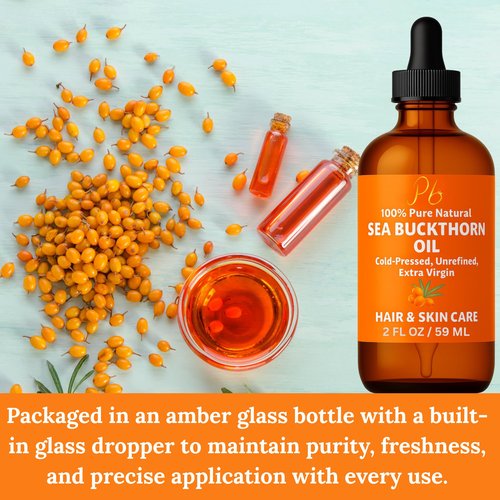 Pomberries Sea Buckthorn Oil – 100% Pure Cold-Pressed from Fruit & Seed – Sea Buckthorn Seed Oil for Face, Hair, Skin & Nails – Supports Radiant, Youthful-Looking Skin – Amber Glass Bottle 2 fl oz