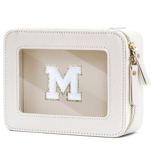 CLOUDWINGS Initial Travel Toiletry Bag - Cosmetic Bags for Girls with Zipper, Clear & Potable Makeup Bag for Travel, Cosmetic Pouch Perfect Gifts for Graduation (Beige, M)