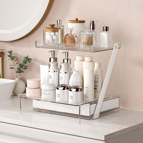 3-Tier Bathroom Countertop Makeup Organizer - Tall Big Make Up Storage with Slide-Out Tray & Bottom Drawer, Transparent Acrylic for Cosmetics Brushes Lipsticks Skincare