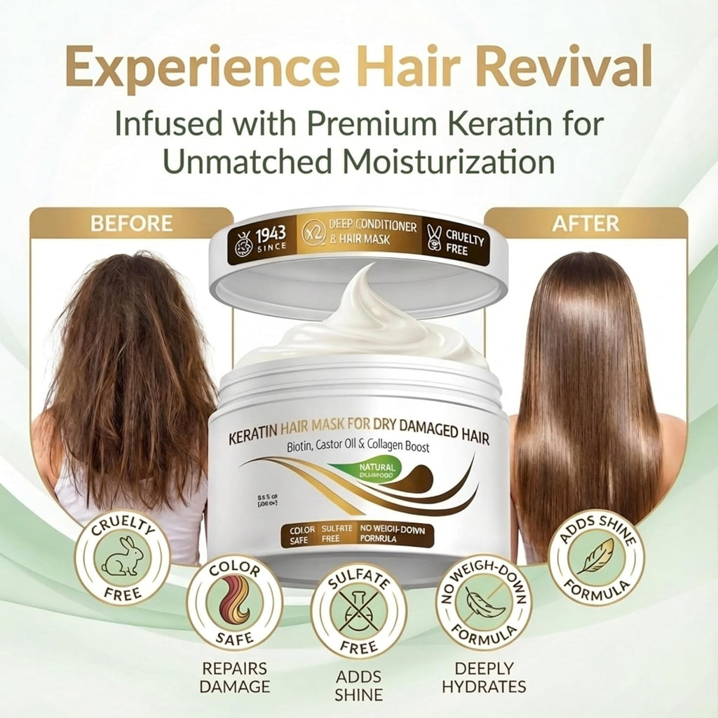 VITAMINS Keratin Hair Mask - Deep Conditioning Treatment for Dry, Damaged Hair | 13.5 Fl Oz