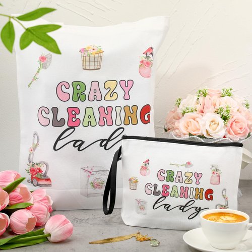Clysee Housekeeping Week Gifts Housekeeper Appreciation Gifts Supplies Cleaning Bags for Housekeepers Custodian Cleaning Makeup Bag Cosmetic Pouch Canvas Tote Bag(2 Pcs,White)