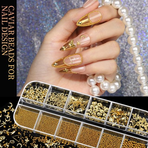 Teenitor Gold Nail Charms and Gems Set, 4 Boxes Nail Gems Nail Pearls Nail Art Tools, 3D Cross Nail Charms Heart Nail Rhinestones for Nails Supplies, Charms for Nails Design Nail Art Kit
