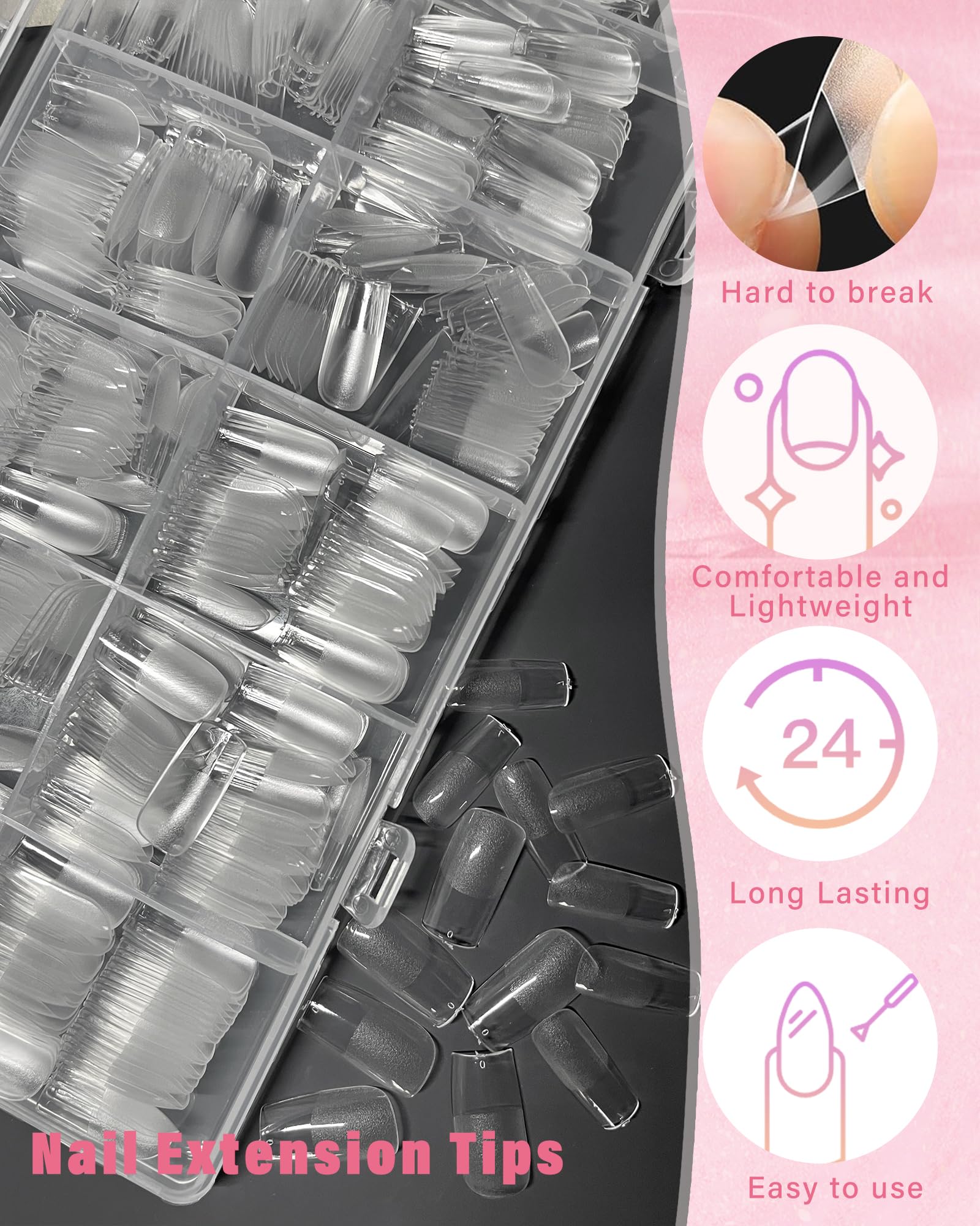 Zhousiart Square Nail Tips, 600pc Medium Gel Nail Tips Square Shape Clear Fake Nails Tips 12 Size Soft Gel Nails for Acrylic Nail Extension, Press on Nails Making