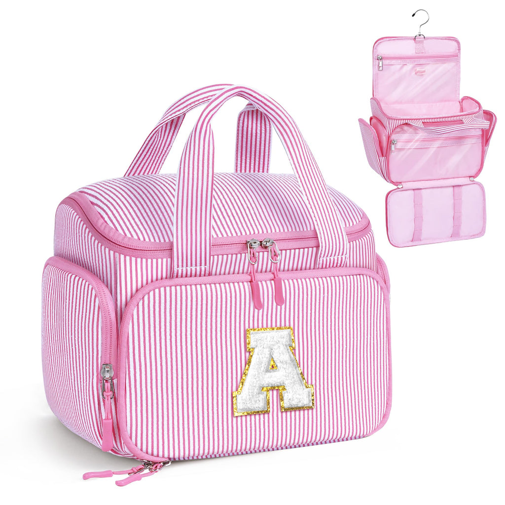 YOOLIFE Travel Toiletry Bag for Women, Initial Hanging Toiletry Bag for Teen Girls, Birthday Gifts for 10 11 12 13 14 15 16 17 Year Old Girls, Pink (A)