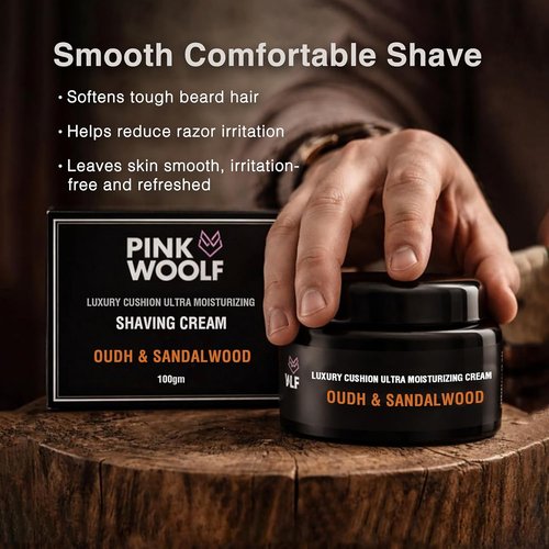 Pink Woolf Premium Shaving Cream - Oudh & Sandalwood Scent - Rich Lather for Smooth Shave - 3.5 oz