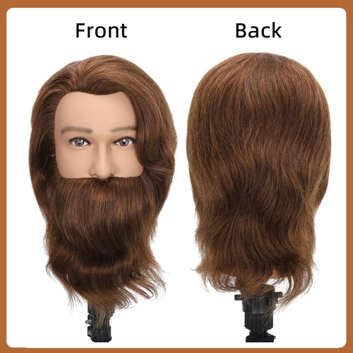 TKIMHEQ 14" Male Mannequin Head with Beard 100% Human Hair Haircut Manikin Head for Cosmetology Straight Thick Hair Doll Head with Human Hair with Stand Practice Cutting Styling (Brown#)