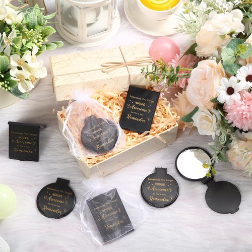 Geetery 48 Sets Inspirational Compact Mirror Bulk Round Makeup Glass Purse Pocket Mini Hand Folding Makeup Mirror with Gift Bags for Women Day Coworker Friends