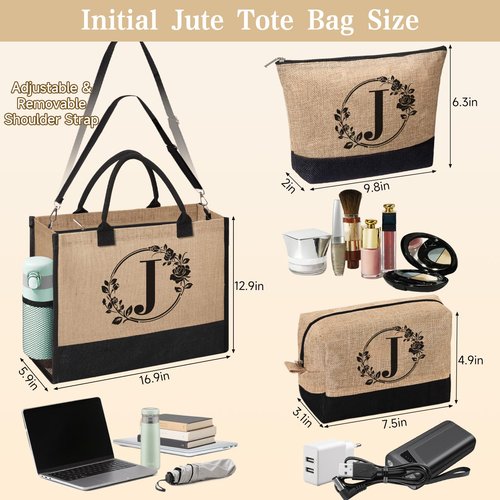 Personalized Gifts for Women, Initial Jute Tote Bag Beach Bag Makeup Bag, Monogrammed Birthday Gifts Tote Bag for Mom Women Her