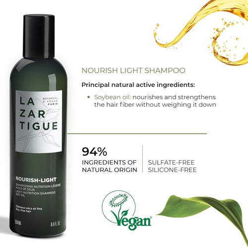 Lazartigue Nourish Light Shampoo - Soy Oil Enriched for Lightweight Nourishment | Vegan & Sulfate Free, 8.4 Fl Oz