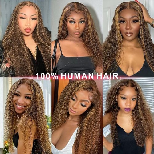 Labamiya Highlight Deep Wave Human Hair Wig 4x1 T Closure Glueless Wigs Human Hair Pre Plucked Pre Cut Lace Closure Glueless Wigs Elastic Band 200% Density P4/30 Honey Blonde Color