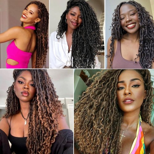 Ahrencan Boho Goddess Locs Crochet Hair 18 Inch, 7 Packs With Curly Ends, Soft Pre-Looped Hippie Locs for Women (18in, Pack of 7, 1B#)