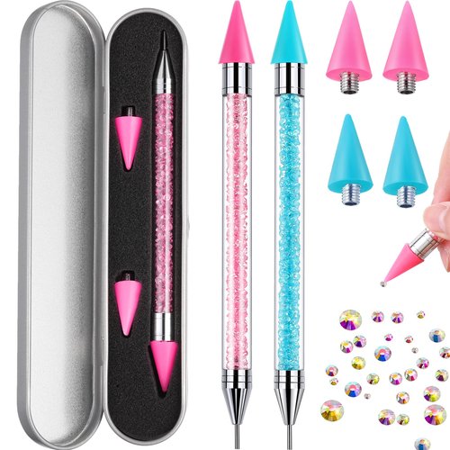 Tatuo 2 Pcs Nail Rhinestone Picker Tool Dual Ended Wax Pen Gem Picker Tool Dotting Pen for Nail Art DIY Rhinestones Dotting Gems Stones Crystals and Charms(Pink, Aqua)