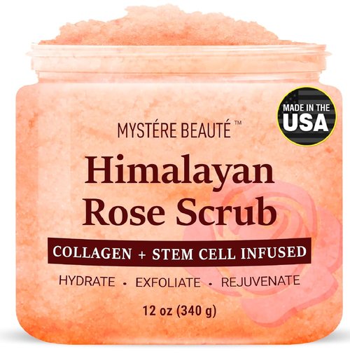 MYSTÉRE BEAUTÉ Himalayan Salt Body Scrub - Exfoliating Collagen & Rose Oil Formula (12 oz) | Reduces Cellulite, Acne & Scars