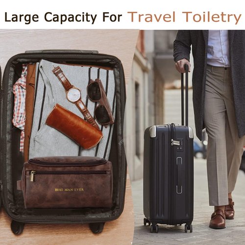 Flycalf Mens Toiletry Travel Bag Customized Mens Leather Toiletries Grooming Bag for Men Shaving Bag Hanging Water Resistant Organizer (Coffee)