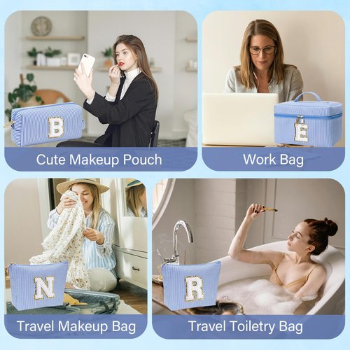 Personalized Monogram Makeup Bag, 3PCS Custom Monogrammed Toiletry Cosmetic Bag for 6-18 Teen Girls Women,Birthday Graduation Gifts Initial Pouch Makeup Bags for Women Girls, Make Up Bag (A, Blue)