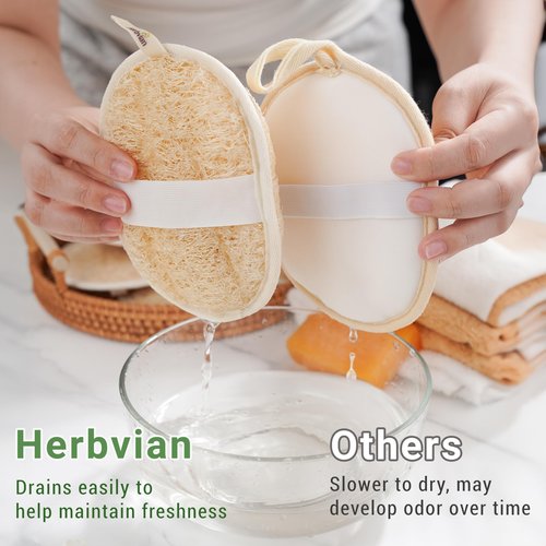 Herbvian Vietnamese Natural Loofah Exfoliating Body Scrubber Pads, 100% Plant-Based Shower Luffa Sponge, Bath Loofah for Women Men (2, Pack of 2)