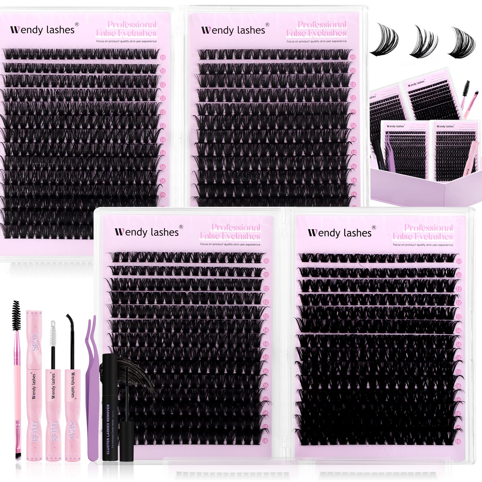 Wendy Lash Clusters Kit Packs: 980-Pcs, 60D, 80D, 80D, 100D, D Curl, 10-18mm Mixed, Cat Eye, Soft, Natural, Fluffy, DIY Eyelash, Individual, Eye lash clusters, Bulk Pack